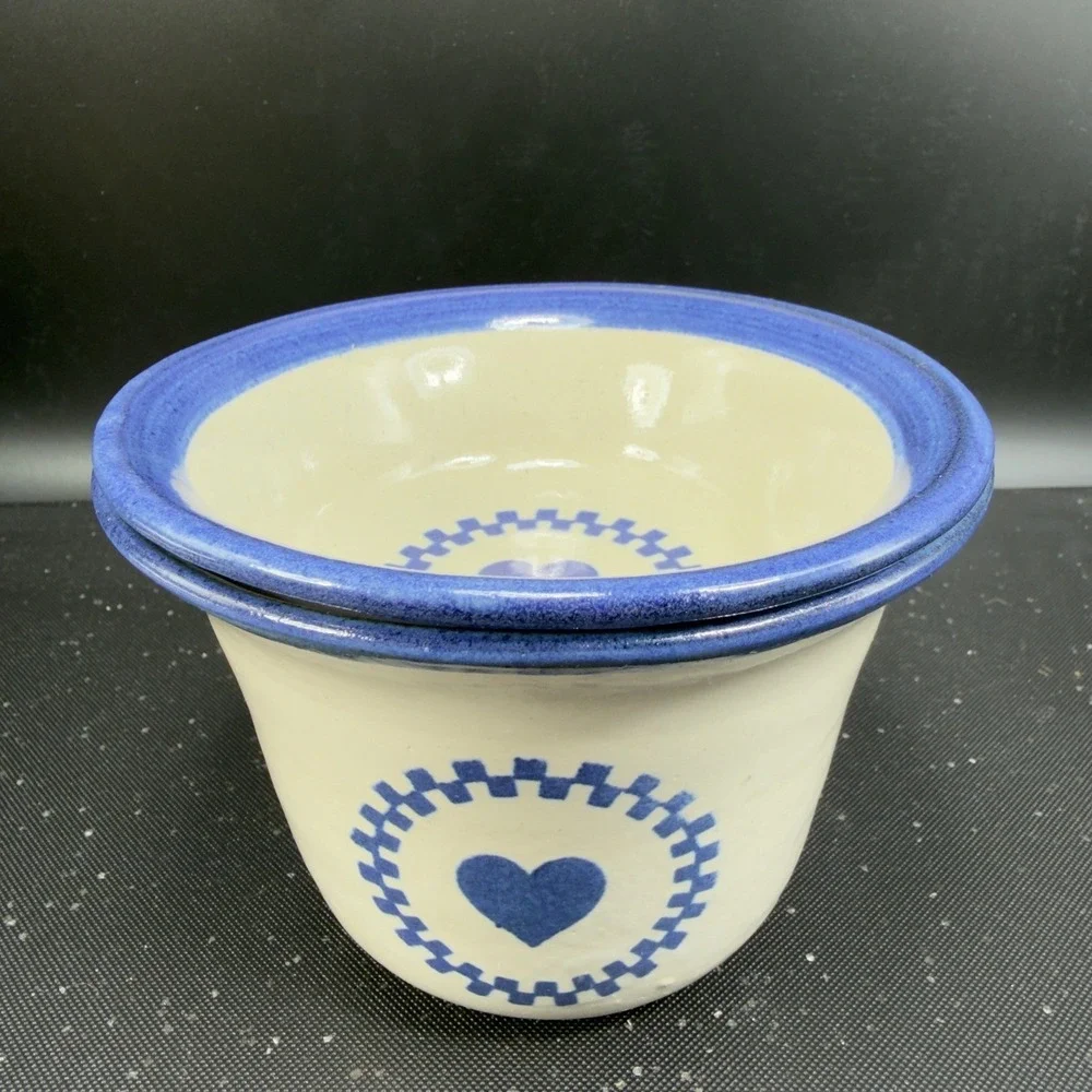 Brinker‎ Pots Dip Crock Set Blue Heart Stoneware Pottery Kansas City 2000s 2pc
